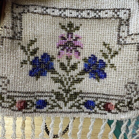 Antique Edwardian Fringe Flapper Purse Evening Bag Micro Seed Bead Floral Metal - Picture 10 of 16